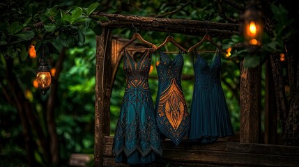Three Elegant Teal Dresses Hang Outdoors At Night