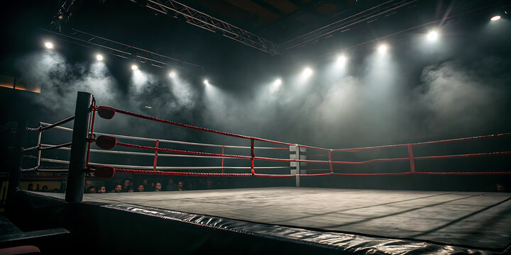 Dramatic Boxing Ring with Spotlights in Dark Arena, High Contrast Cinematic Scene, Professional Fight Night, Intense Competitive Atmosphere  
