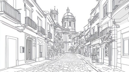 Cobblestone street, historic church, European city, architectural sketch, travel