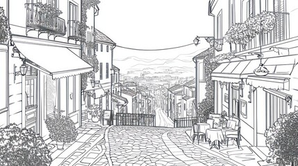 Fototapeta premium Hilltop European street, cafe, cobblestones, view, illustration, travel