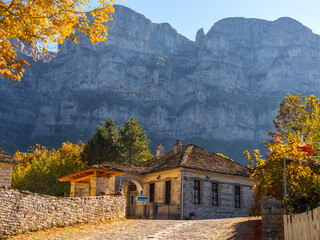 The traditional stone street of the tourist town of Papigo in the mountains of Epirus in Greece