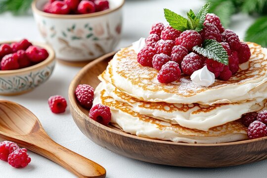 A plate of fluffy pancakes stacked high with fresh raspberries and mint leaves, garnished with powdered sugar and cream. 
