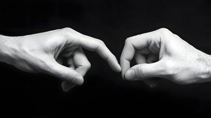 Close-up of two hands reaching towards each other against a dark background, symbolizing connection and unity