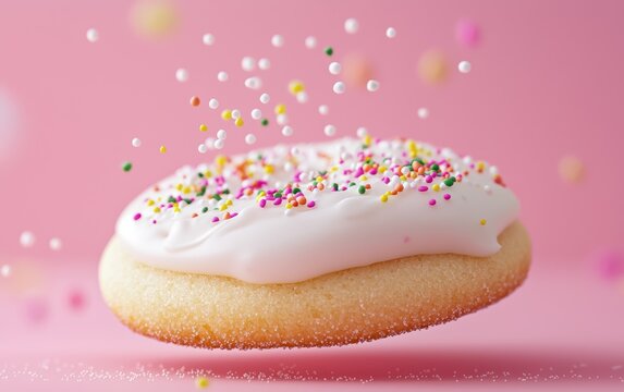 A delicate sugar cookie with glossy icing spinning in motion with sprinkles flying, pastel pink background