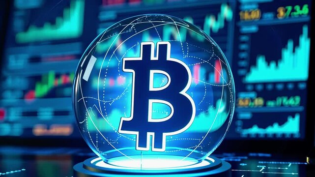 A glowing Bitcoin symbol inside a crystal ball, surrounded by digital charts and graphs representing the cryptocurrency market