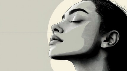 Serene woman's profile, grayscale art, peaceful expression.