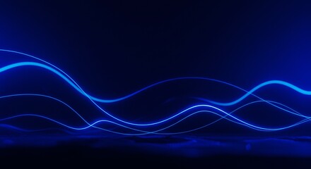 Dark blue abstract background with ultraviolet neon glow, blurry light lines, waves