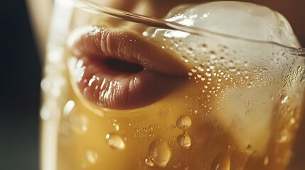 Close-up of lips sipping a refreshing beverage with ice, showcasing condensation on the glass