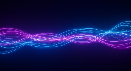 Dark blue abstract background with ultraviolet neon glow, blurry light lines, waves