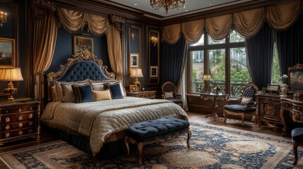 Opulent bedroom, luxurious furnishings, city view.