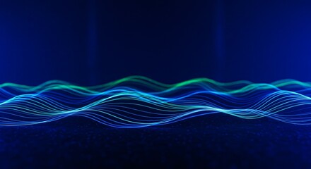 Dark blue abstract background with ultraviolet neon glow, blurry light lines, waves