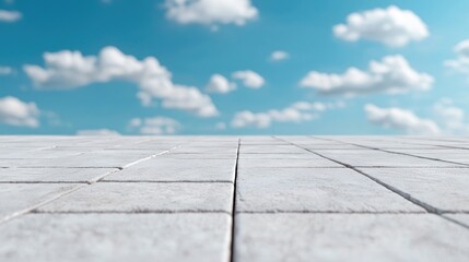 White tiled floor, blue sky background; product display