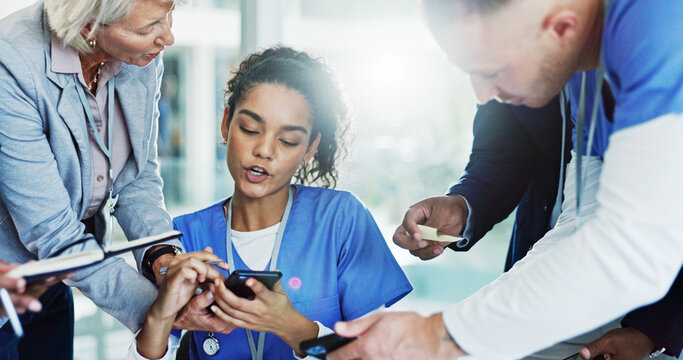 Woman, nurse and multitasking with phone or medical team for pressure, chaos or deadline at busy hospital. Female person, healthcare employee or demanding colleagues with workload or tasks at clinic - Powered by Adobe