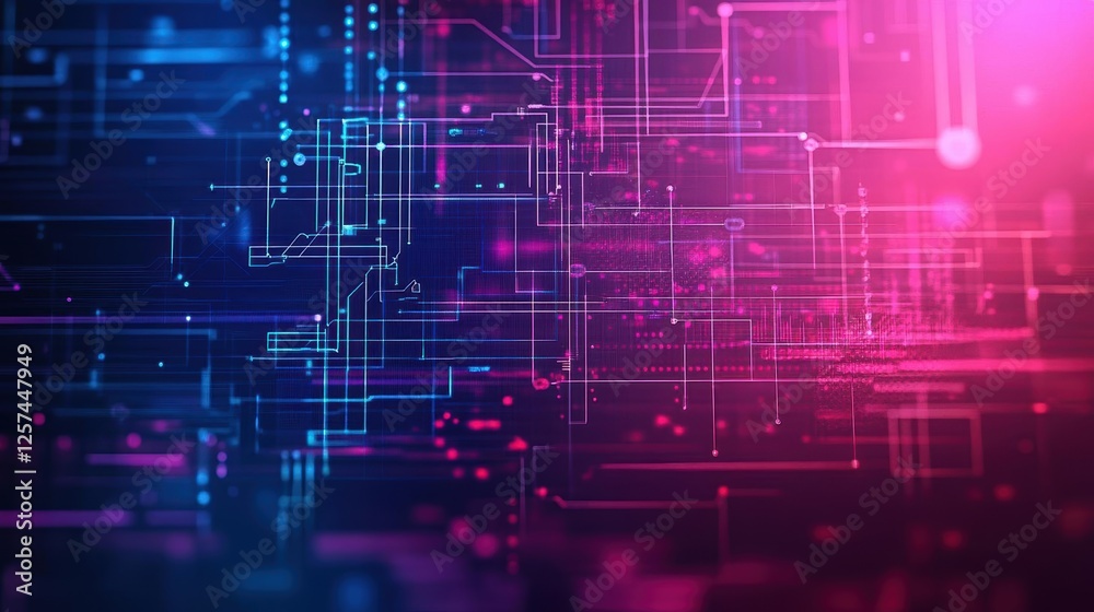 Poster Computer circuit board with pink and blue abstract background design for technology and innovation concepts