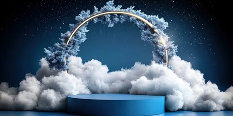 Serene minimalist scene featuring circular blue structure amidst fluffy clouds dreamy environment artistic