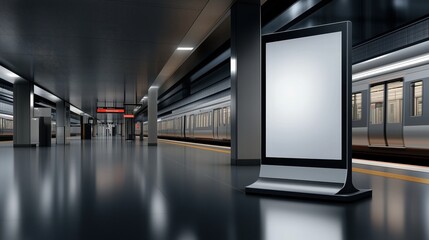 Empty futuristic metro station with glossy floor and illuminated signage. Concept of modern public transportation and urban design.