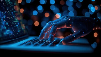 Fototapeta premium Robotic Hand Codes Software Efficiently on Laptop at Night
