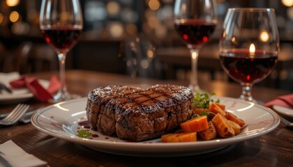 Grilled steak dinner with red wine and candlelight in romantic restaurant setting