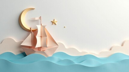 A Serene Paper Craft Ship Sailing Under a Crescent Moon and Stars at Night