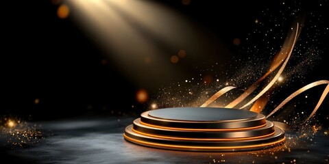 Fototapeta premium Elegant golden multitiered podium with glowing base studio 3d render dark environment dramatic event concept