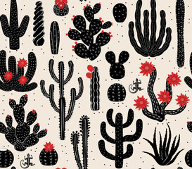 red black and white desert cacti on off white tan background seamless pattern, vector illustration repeat design print