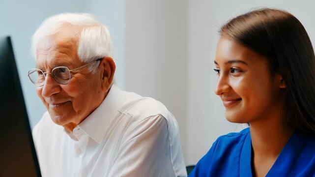 Elderly Man and Young Woman Using Computer