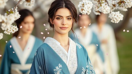 A serene park scene featuring a woman in a traditional blue kimono, surrounded by cherry blossoms and falling petals, evoking grace and elegance