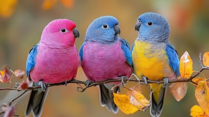 Obraz premium Colorful parrots perched on branch in autumnal foliage