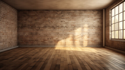 Sunlit empty loft room, brick wall, wood floor