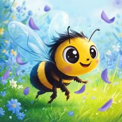 Cute bee in a flower meadow, children's illustration, cheerful, playful