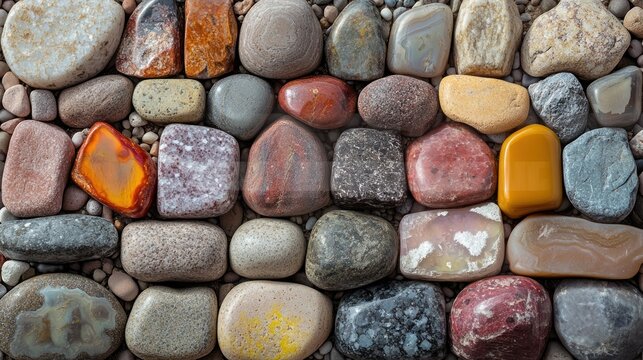 Colorful polished stones arranged in a pattern, on a beach, with small pebbles in the background.  Possible use  background design, wallpaper