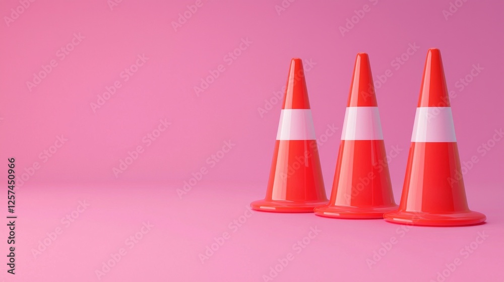 Aufkleber Three vibrant red traffic cones are arranged on a smooth pink surface, creating an eye-catching visual. This striking setup captures a playful blend of safety and creativity, inviting curiosity