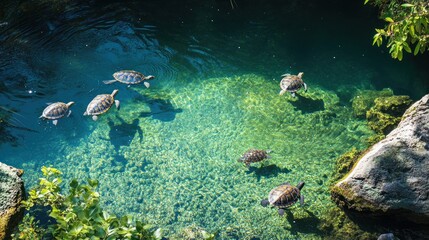 Obraz premium A serene scene of turtles swimming in clear water among rocks and greenery.