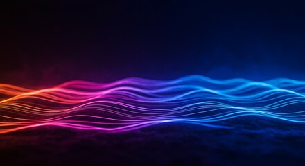 Dark blue abstract background with ultraviolet neon glow, blurry light lines, waves