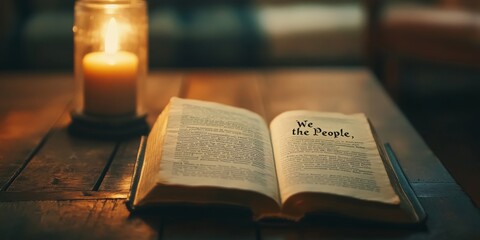 Open book showing we the people with candle on wooden table celebrating president's day