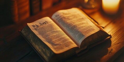 Obraz premium Open antique book showing we the people illuminated by candlelight, celebrating president's day