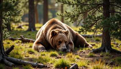 Grizzly bear resting in forest under dappled light, nature's calm