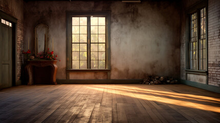 Sunlit abandoned building interior; hardwood floors, weathered walls;  vintage mantelpiece; background use