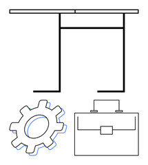 Office desk, cogwheel, and briefcase symbolize productivity, teamwork, and organization. Ideal for business, management, planning, innovation workflow career strategy abstract line flat metaphor