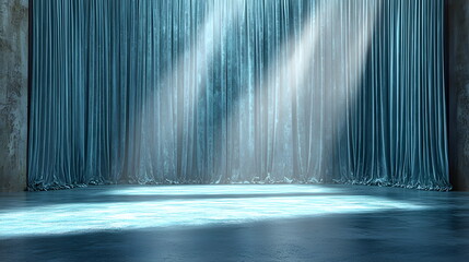 Dramatic blue stage curtains with soft light illuminating a spacious performance area on the floor.
