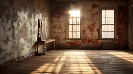 Fototapeta premium Sunlit abandoned room, decaying walls, old wood floor, urban exploration