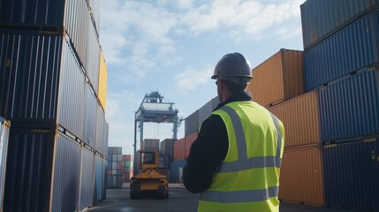 Shipping yard supervisor in high-visibility jacket observing stacked containers. logistics and global trade concept.