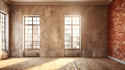 Fototapeta premium Sunny loft apartment interior design, brick wall, hardwood floor, city view