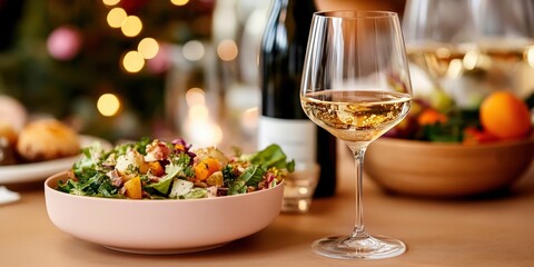 Fototapeta premium Elegant dining table setup featuring fresh salad and wine cozy home environment close-up view for culinary inspiration