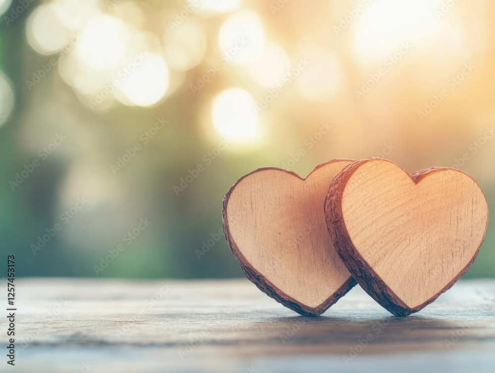 Poster Two wooden hearts placed on a rustic table creating a warm and inviting atmosphere