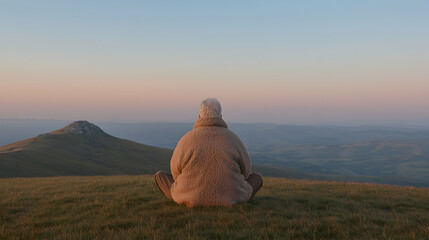 Elderly man meditates at sunrise, mountain vista