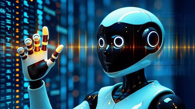 Futuristic robot interacting with digital data in a high-tech environment, showcasing advanced technology