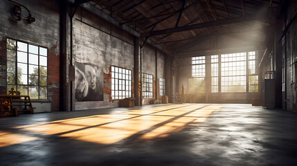 Sunlit industrial warehouse interior, empty space, artistic backdrop