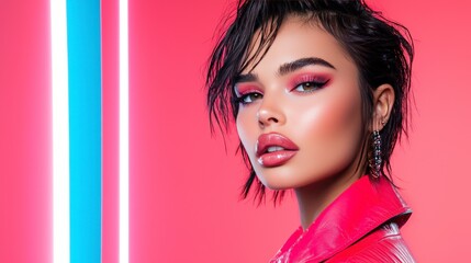 Stunning Portrait of Glamorous Woman with Bold Makeup Against Neon Background