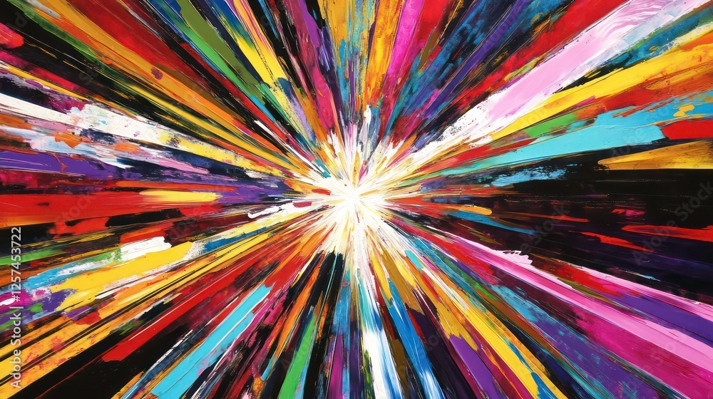 Wall mural vibrant multicolored abstract painting with radiating lines creating a burst effect.